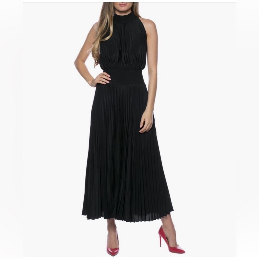Marina Pleated Midi Dress Solid Black Sleeveless Womens Size 12